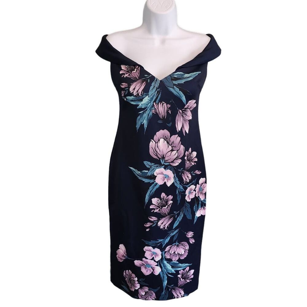 Xscape Navy Blue Off the Shoulder Floral Cocktail Dress Midi Length Size 8 NWT